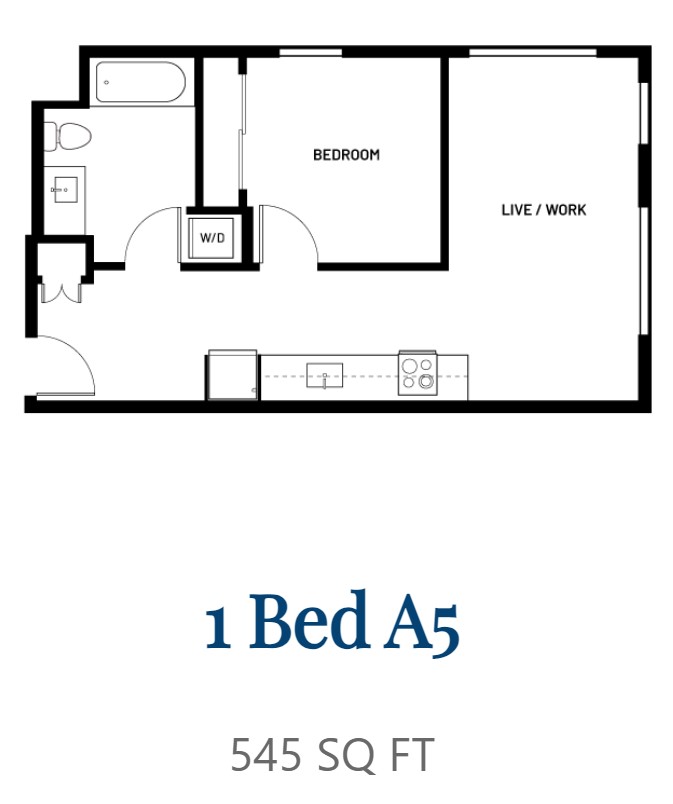 Floor plan for 1 bed, 1 bath, 545 sqft